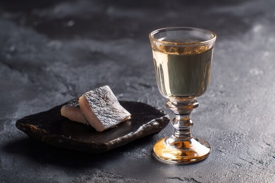 Brennivin and hakarl on a black plate