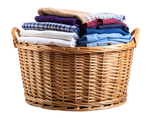 Woven Rattan Laundry Basket with Folded Clothes, isolated on transparent background
