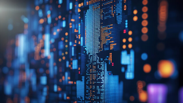 A dynamic technology backdrop showcases abstract blue and orange network data with intricate digital patterns and blurred elements.