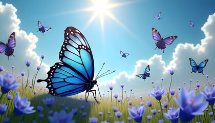 Butterfly Meadow Bliss: A captivating display of vibrant butterflies fluttering amidst a field of blooming flowers, bathed in the radiant glow of a sunny day.