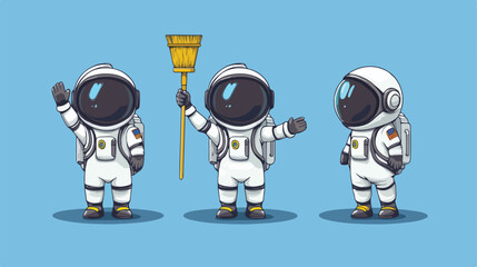 Naklejka premium Friendly Astronaut Cartoon Mascot Waving with Broom Character