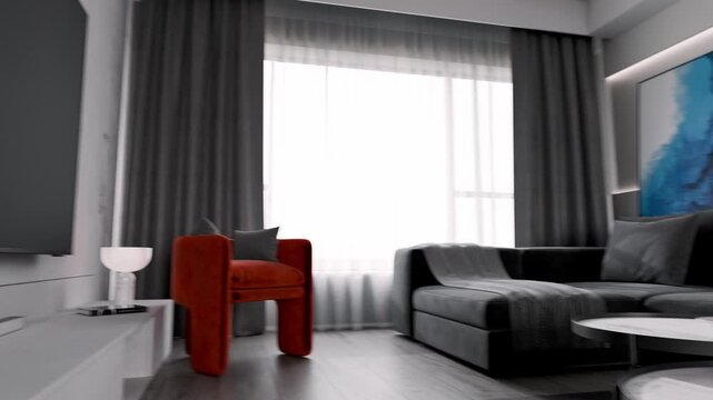 Modern Minimalist Living Room with Abstract Art | Sleek Black Sofa, Designer Furniture & Blue Accent Wall Interior Visualization Architectural CGI Animation