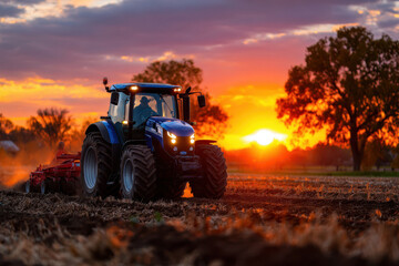 Fototapeta premium Evening farm work with a tractor plowing fields at sunset in rural landscape