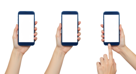 Young woman's slender hands elegantly interact with a sleek dark blue smartphone with a blank white screen, shown in multiple close-up views on a transparent studio background with copy space, no