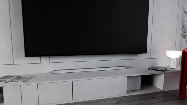 Modern Minimalist Living Room with Abstract Art | Sleek Black Sofa, Designer Furniture & Blue Accent Wall Interior Visualization Architectural CGI Animation
