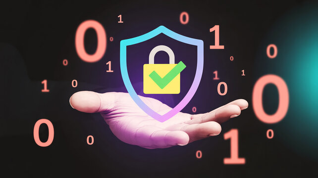 A grayscale hand holds a glowing blue-purple holographic shield with a yellow padlock and green checkmark amid coral binary code - Powered by Adobe