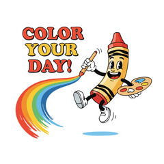 Retro Cheerful Crayon Character Illustration with Paintbrush and Palette for Creative Kids