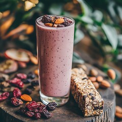 Close-up of smoothie glass with energy bar and dry fruits beside
