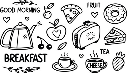 vector breakfast and morning icon set,

Fast food sketch for fastfood restaurant or bistro. Vector cheeseburger burger or hotdog sandwich snack, french fries or pizza and coffee or soda drink, taco 