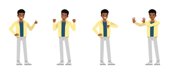 Man wearing cream jacket character vector illustration design set. Working and presentation in various action.