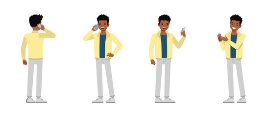 Man wearing cream jacket character vector illustration design set. Working and presentation in various action.