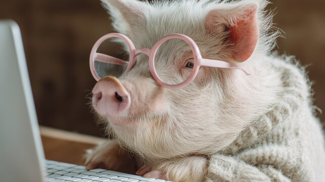 Lustiges Schwein bzw Tier mit Laptop zuhause im Home office. Perfekt als cooler niedlicher Hintergrund