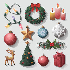 vector Happy New Year Celebrating 2025 in Latin letters , Christmas Decoration Items Santa Claus