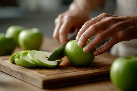 Fingers Slicing a Crisp Green Apple on a Wooden Cutting Board - Powered by Adobe