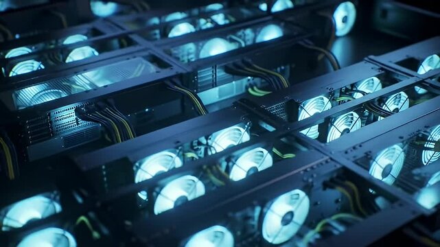 Server racks with cooling fans and power cables in a blue-lit data center