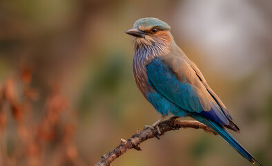 Obraz premium An Indian roller perched in Bandhavgarah National Park, India. The bird was formerly locally called the Blue Jay. It is a member of the roller family of birds.