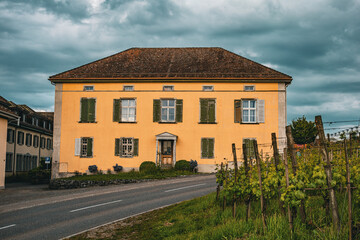 A charming old yellow building with green shutters stands next to a vineyard under a cloudy sky in a Swiss village. The scene captures a peaceful rural atmosphere.