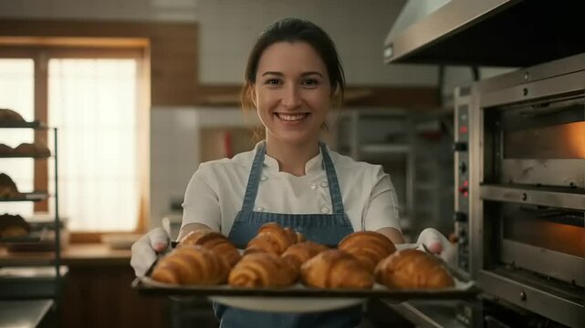 Woman baker holding a tray of freshly baked croissants