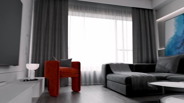 Modern Minimalist Living Room with Abstract Art | Sleek Black Sofa, Designer Furniture & Blue Accent Wall Interior Visualization Architectural CGI Animation