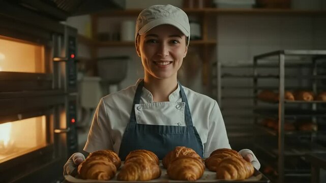 Woman baker holding tray of croissants