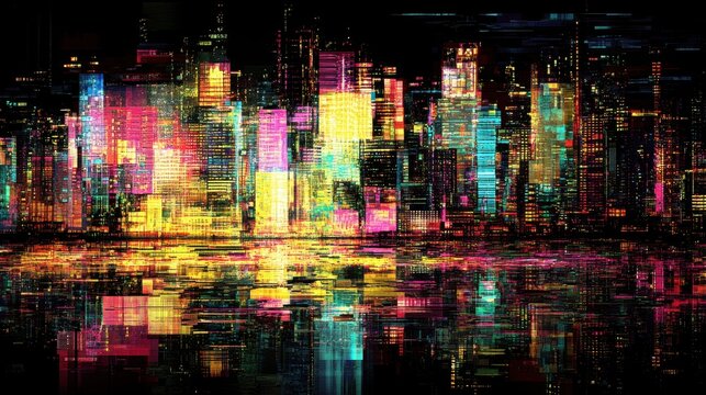 Colorful digital cityscape at night. - Powered by Adobe