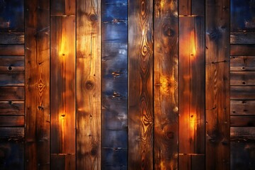 Dramatic warm orange and cool blue light illuminates a textured dark wooden plank wall with prominent knots and grain patterns