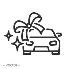 new car icon, automobile with bow, car gift, present or special offer, thin line symbol on white background - editable stroke vector illustration eps10