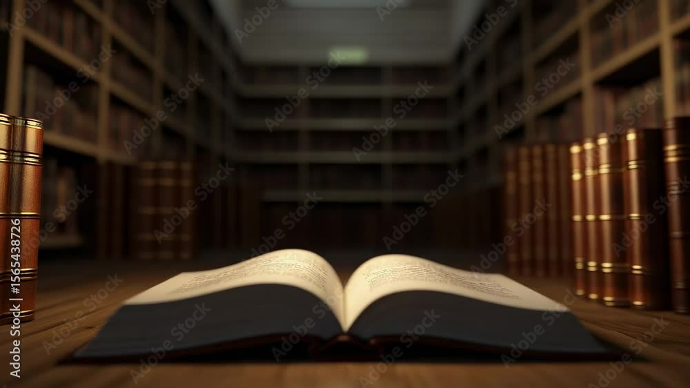 Poster open book resting on a wooden desk in a dimly lit library, pages glowing softly, surrounded by tower