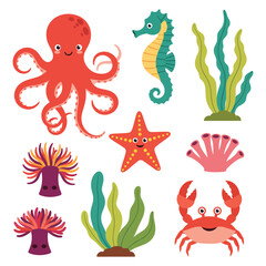 Cute Under the Sea Creatures and Plants - Marine Life Collection