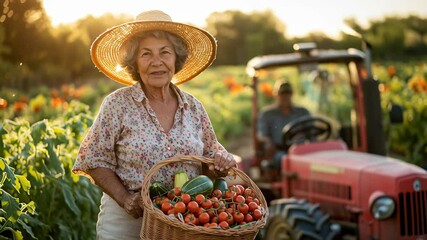 Smiling elderly woman with basket of fresh vegetables on farm 4K, motion – ideal for agricultural blogs, organic food ads, rural life visuals, healthy lifestyle content, and summer campaigns