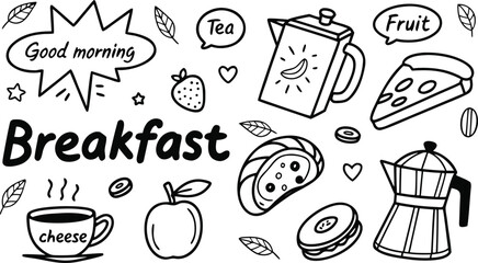 Fototapeta premium vector breakfast and morning icon set,Fast food sketch for fastfood restaurant or bistro. Vector cheeseburger burger or hotdog sandwich snack, french fries or pizza and coffee or soda drink, taco 