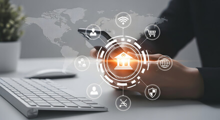 Person using mobile banking app, global network, financial transactions, secure online access.