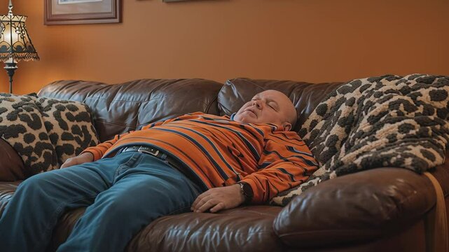 Senior man napping on couch in cluttered family room 4K, motion – great for illustrating fatigue, retirement, stress, or realistic domestic environments in healthcare or editorial content.