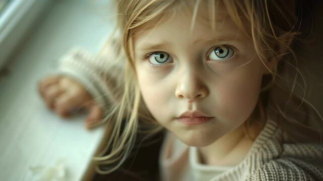 Lonely girl in warm sweater near window in children&rsquo;s home 4K, motion &ndash; perfect for use in emotional articles, social ads, documentaries, and support organizations for vulnerable kids.