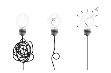 Lightbulb set with cable knot, paper plane. Idea, problem solving, complex business process resolving concept vector design with 3d lightbulb, wire, paper airplane.