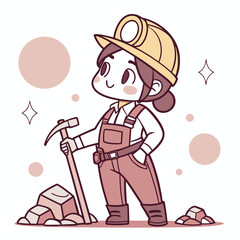 Cute Cartoon Female Miner with Pickaxe – Child-Friendly Mining Character Illustration