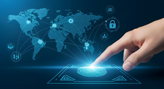 Global digital security network accessed via fingerprint authentication. A hand interacts with a futuristic interface displaying worldwide connections and data protection. - Powered by Adobe