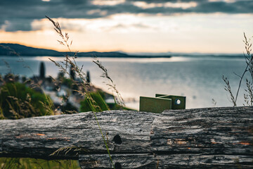 Close-up of a weathered wooden fence with wild grass in the foreground and a beautiful sunset over...