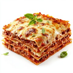 Baked lasagna with layers of meat, cheese, and tomato sauce, isolated on white background.