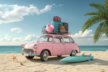 Retro pink car loaded with luggage and a surfboard parked on a sandy beach with the ocean and palm trees in the background