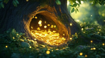 Golden coins hidden inside a mystical forest tree