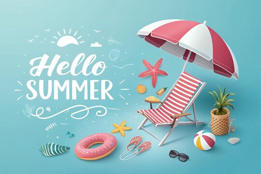 Hello summer greeting with beach chair umbrella starfish sunglasses and inflatable ring on a bright blue background