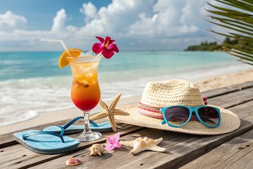 Tropical cocktail and beach accessories including a straw hat sunglasses and flip flops on a wooden deck overlooking the ocean