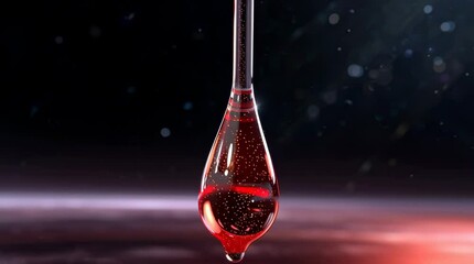 A captivating close-up of a vibrant, red liquid drop, elegantly suspended in space. Possible blood - Powered by Adobe