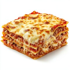 Baked lasagna with layers of meat, cheese, and tomato sauce, isolated on white background.