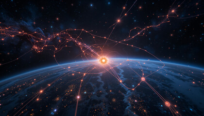 Global network connecting over planet Earth shows advanced technology and communication infrastructure with a cosmic and futuristic feel.
