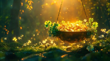 Golden coins in a hanging pot surrounded by shamrocks