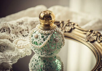 Mock up of minimal elegant perfume bottle. Stylish parfumerie banner. Abstract floating perfume bottle with colorful mist.