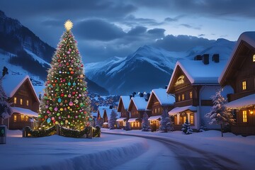 Fototapeta premium Snowcovered Village Christmas Tree and Lit Houses in Mountain Landscape
