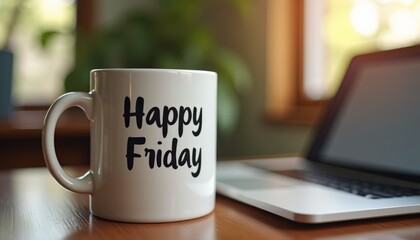 White mug with “Happy Friday” text on saucer beside laptop on wooden desk. A cozy, motivational workspace scene ideal for lifestyle content, remote work visuals, and end-of-week inspiration.